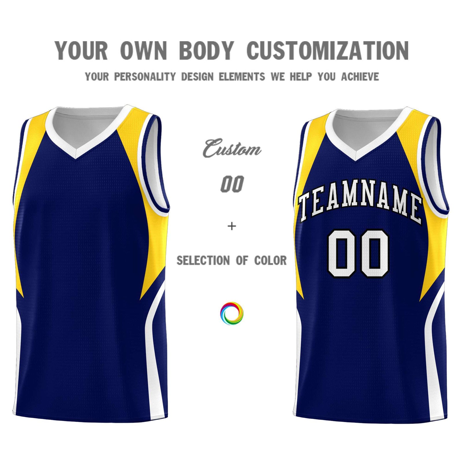 Custom Navy Gold and White Color Block Sports Uniform Basketball Jersey