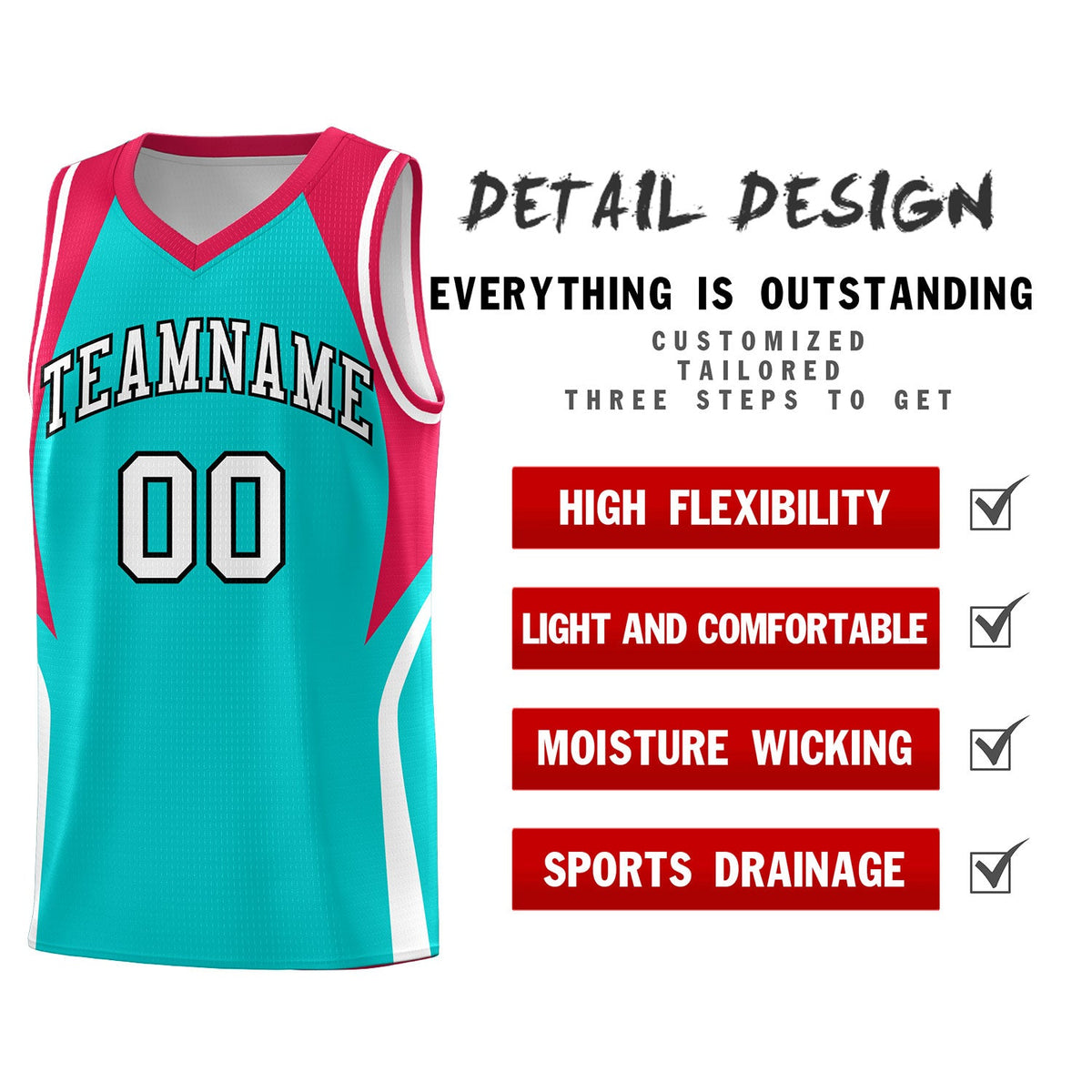 Custom Aqua Red and White Color Block Sports Uniform Basketball Jersey