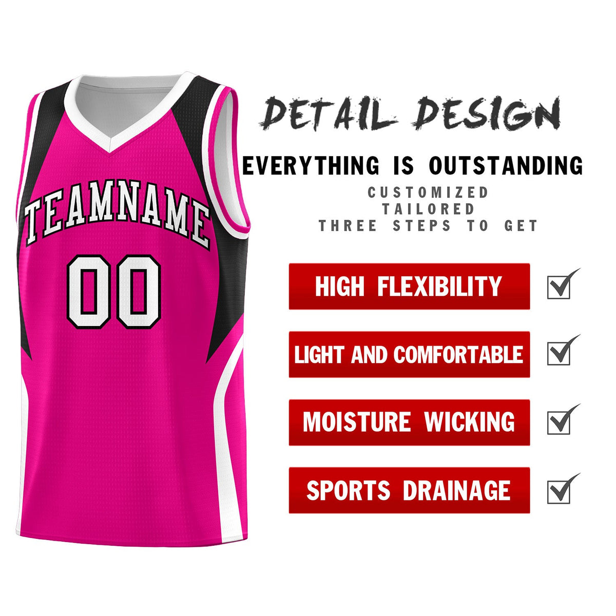 Custom Pink Black and White Color Block Sports Uniform Basketball Jersey