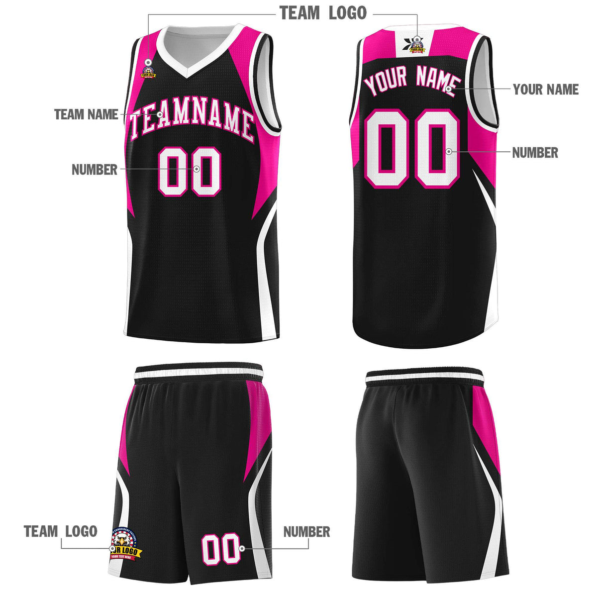 Custom Black Pink and White Color Block Sports Uniform Basketball Jersey