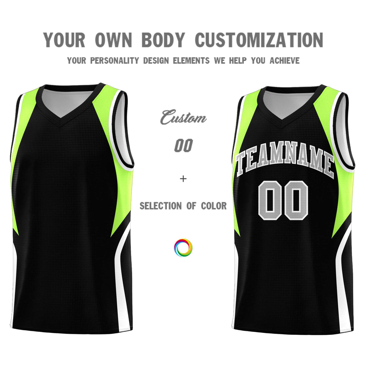 Custom Black Fluorescent Green and White Color Block Sports Uniform Basketball Jersey