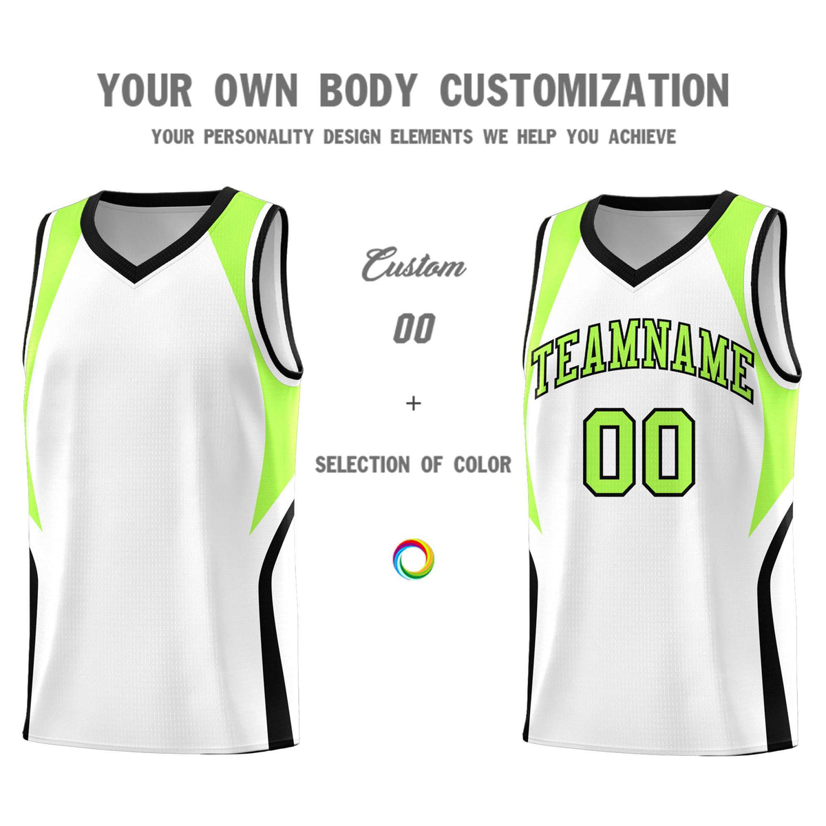 Custom White Fluorescent Green and Black Color Block Sports Uniform Basketball Jersey