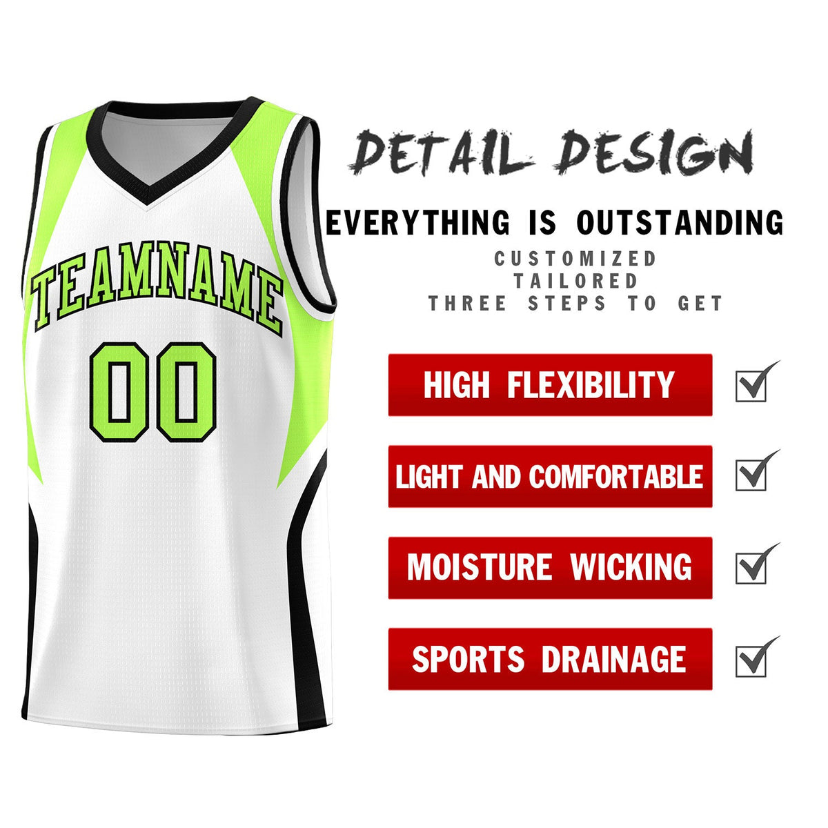 Custom White Fluorescent Green and Black Color Block Sports Uniform Basketball Jersey