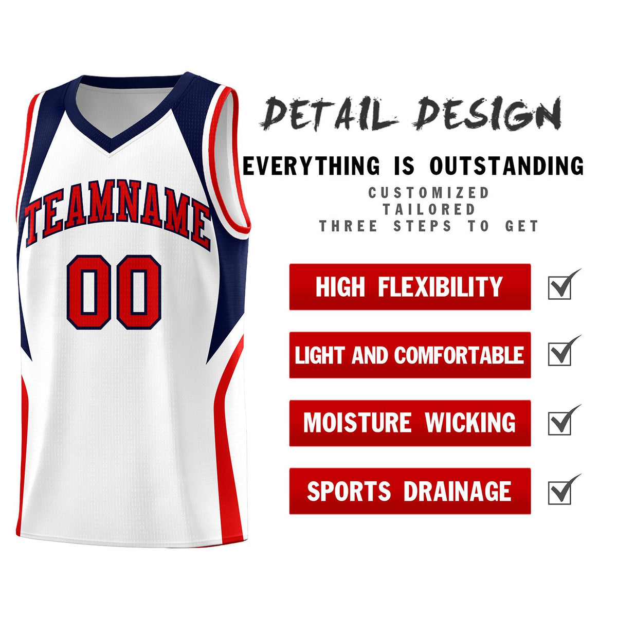 Custom White Navy and Red Color Block Sports Uniform Basketball Jersey