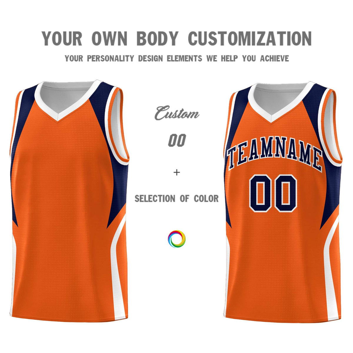 Custom Orange Navy and White Color Block Sports Uniform Basketball Jersey