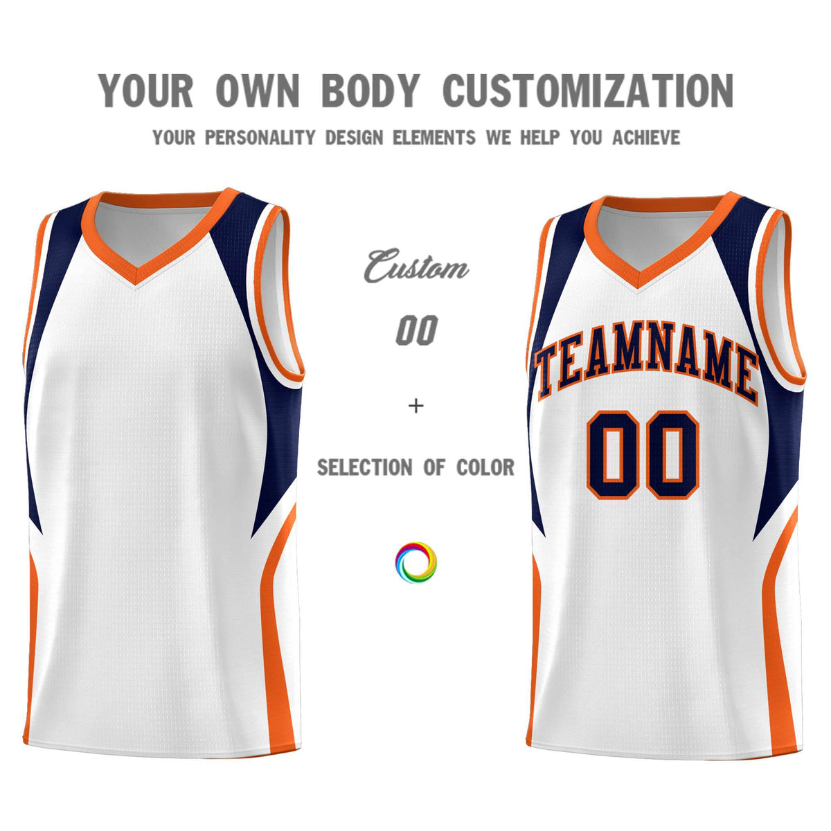 Custom White Navy and Orange Color Block Sports Uniform Basketball Jersey