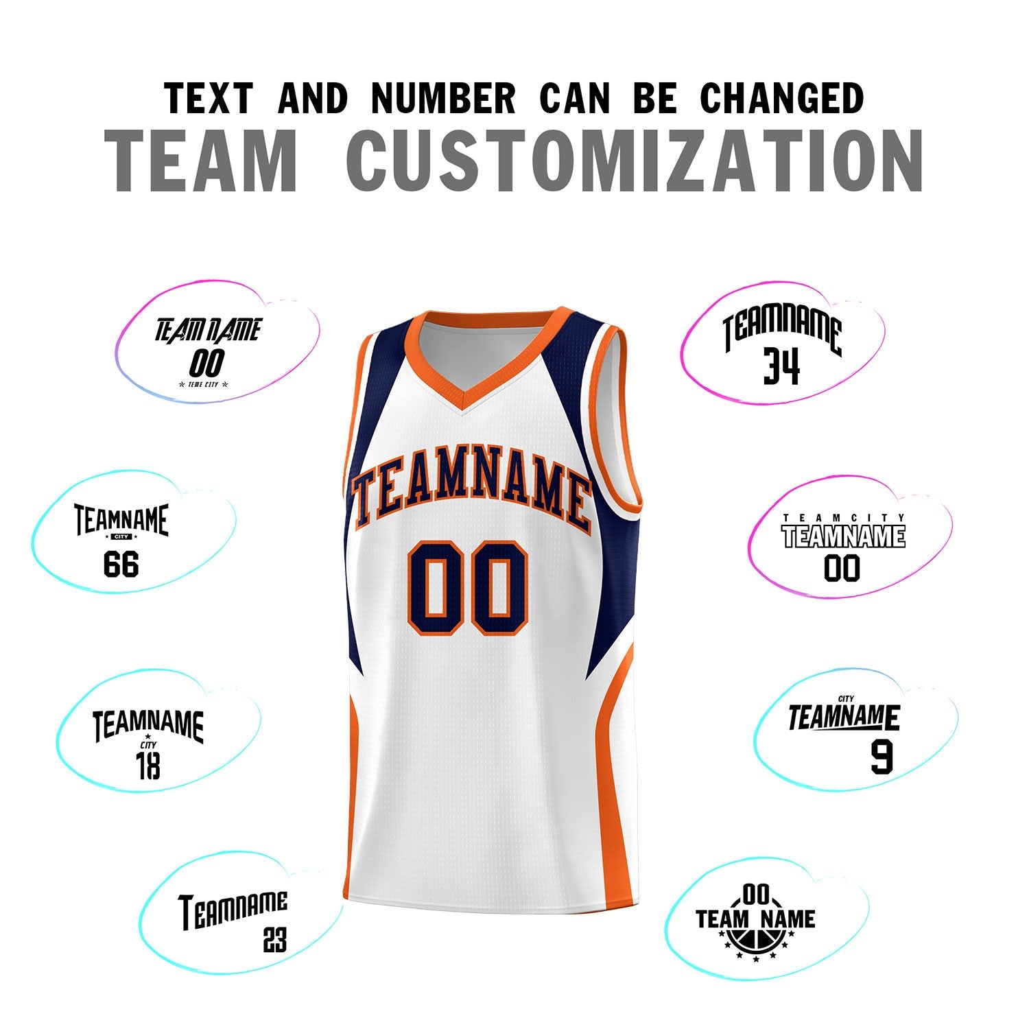 Custom White Navy and Orange Color Block Sports Uniform Basketball Jersey