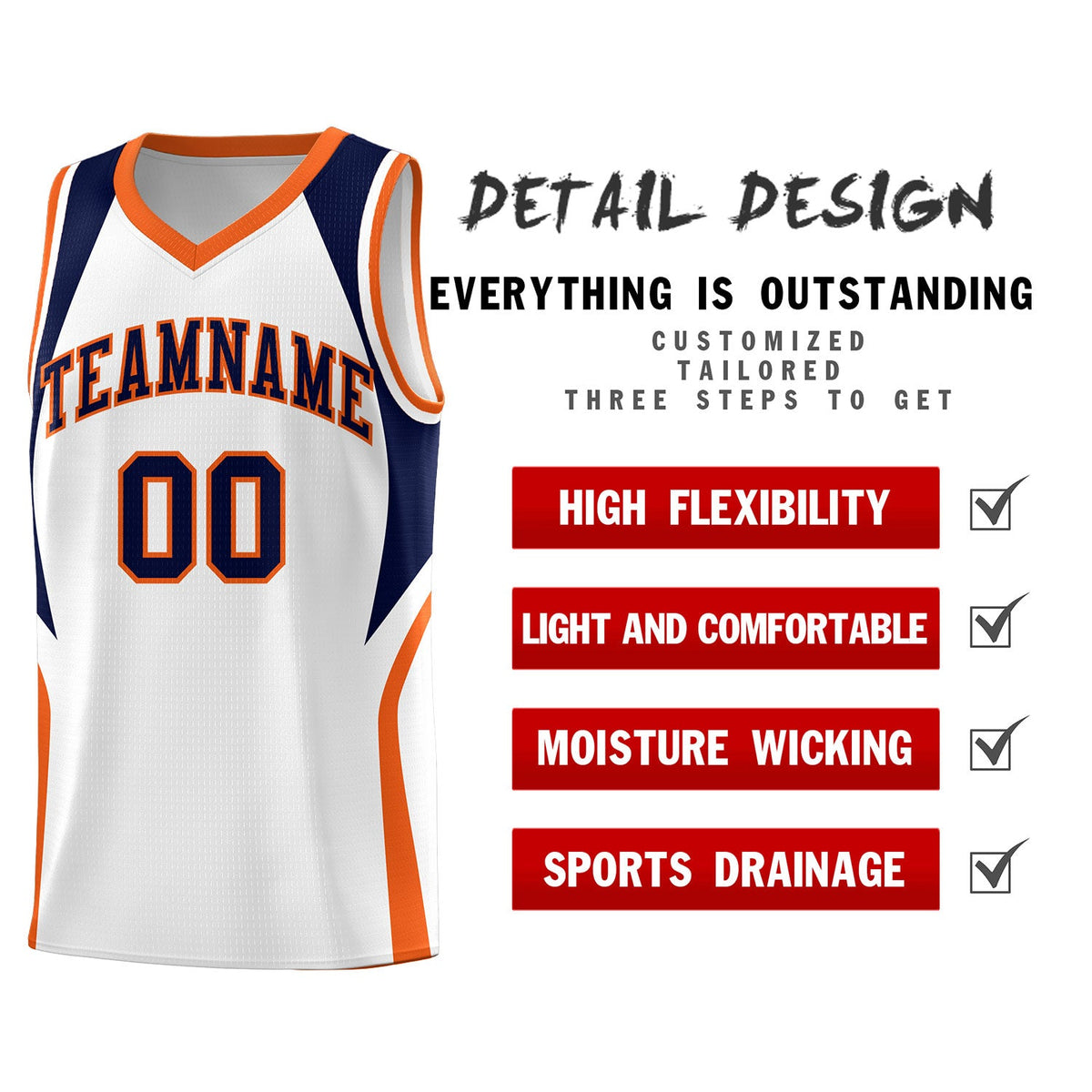 Custom White Navy and Orange Color Block Sports Uniform Basketball Jersey
