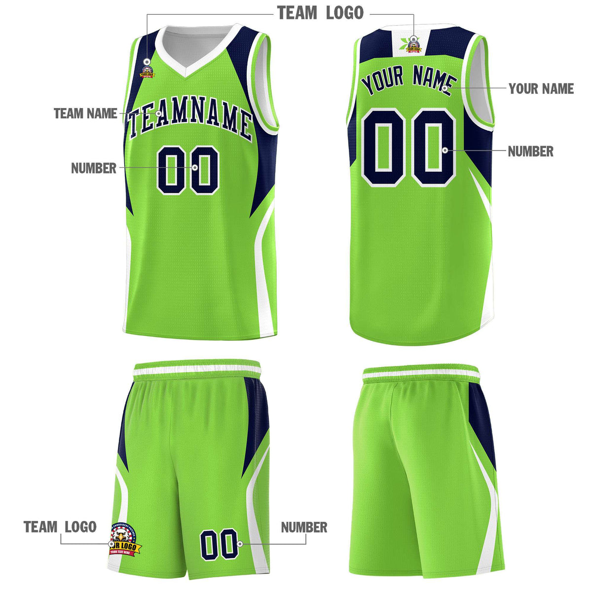 Custom Neon Green Navy and White Color Block Sports Uniform Basketball Jersey