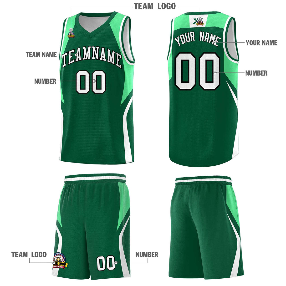 Custom Kelly Green Green and White Color Block Sports Uniform Basketball Jersey
