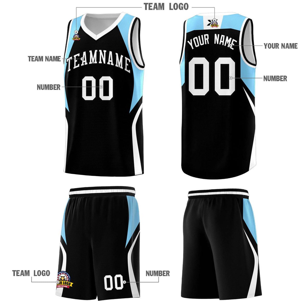 Custom Black Light Blue and White Color Block Sports Uniform Basketball Jersey