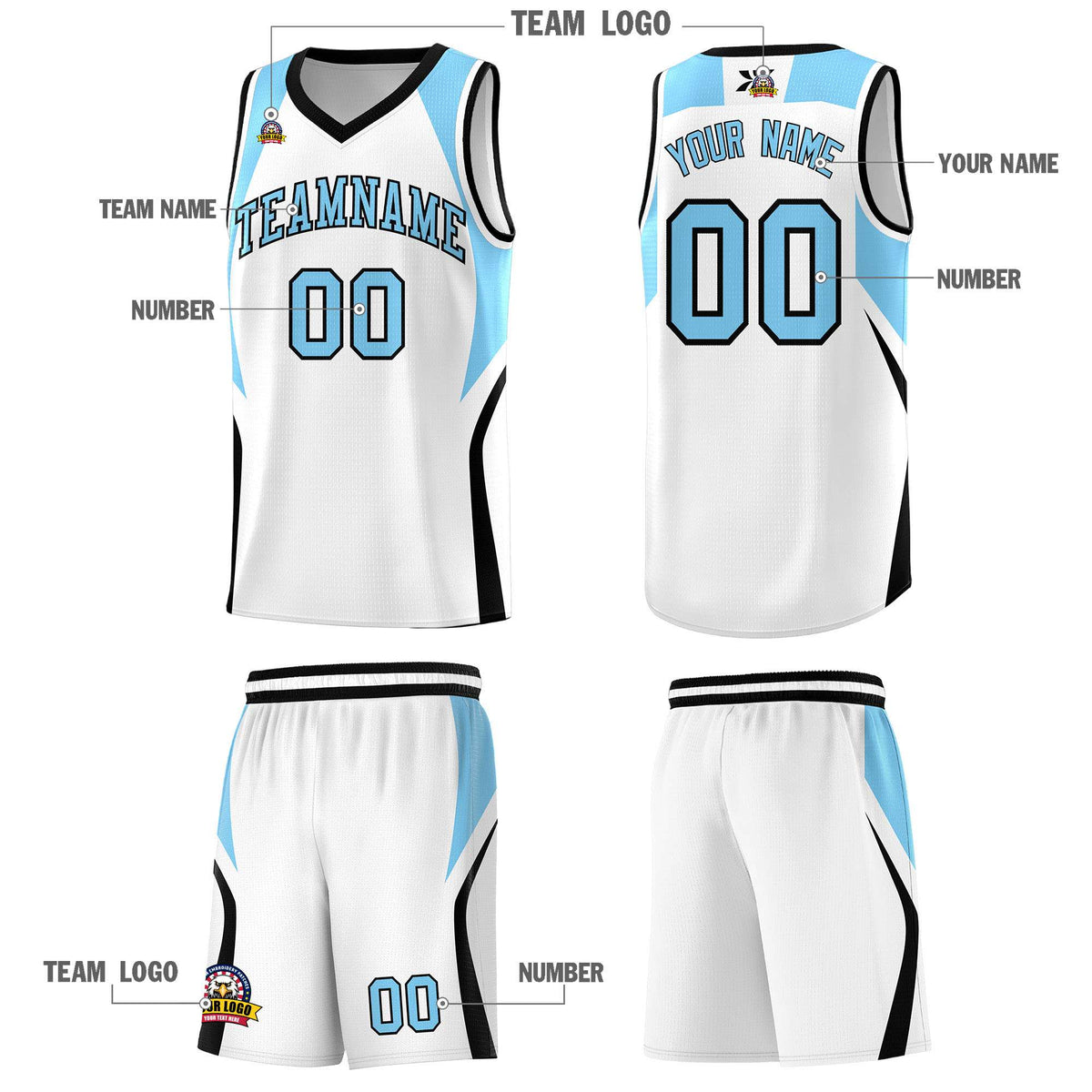 Custom White Light Blue and Black Color Block Sports Uniform Basketball Jersey