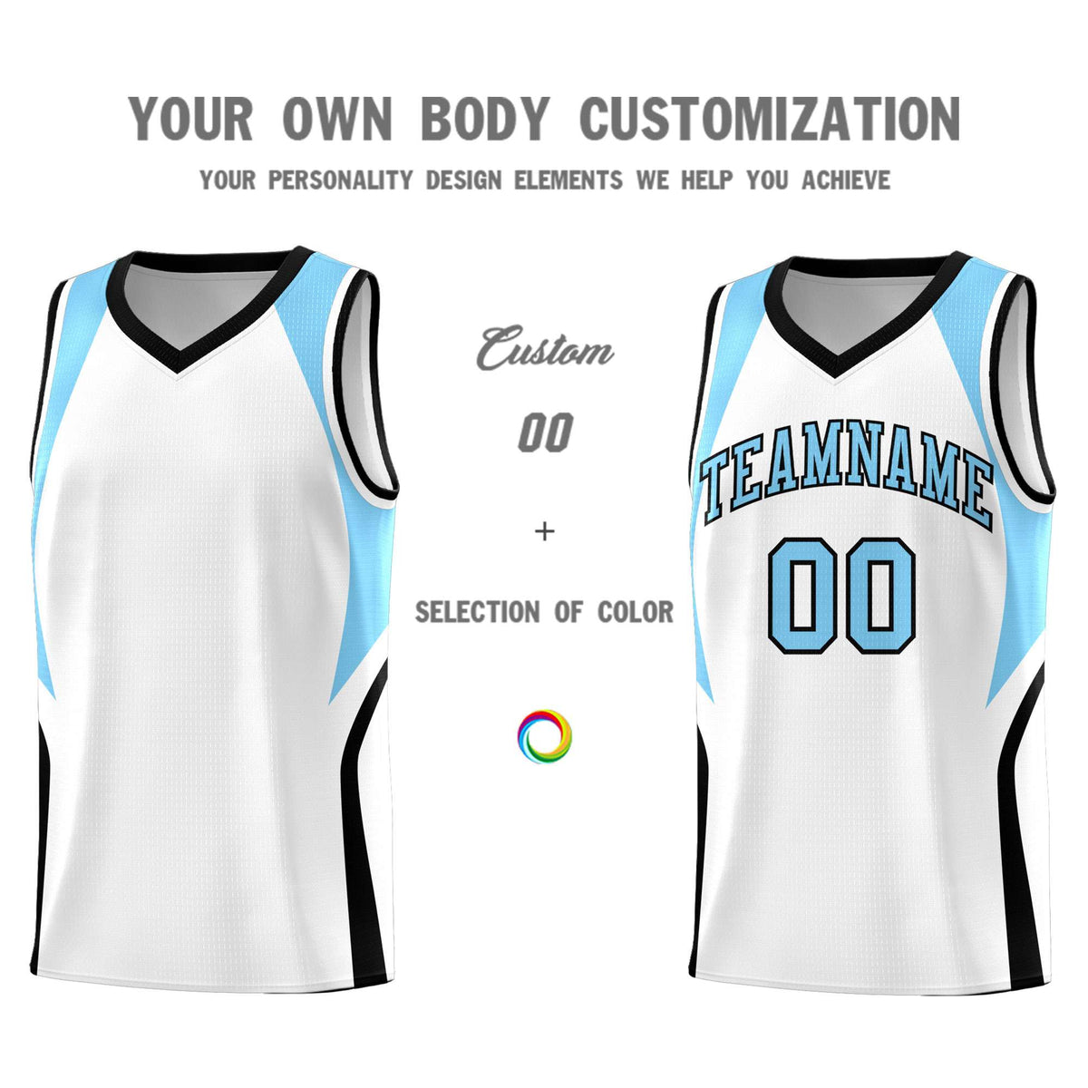Custom White Light Blue and Black Color Block Sports Uniform Basketball Jersey