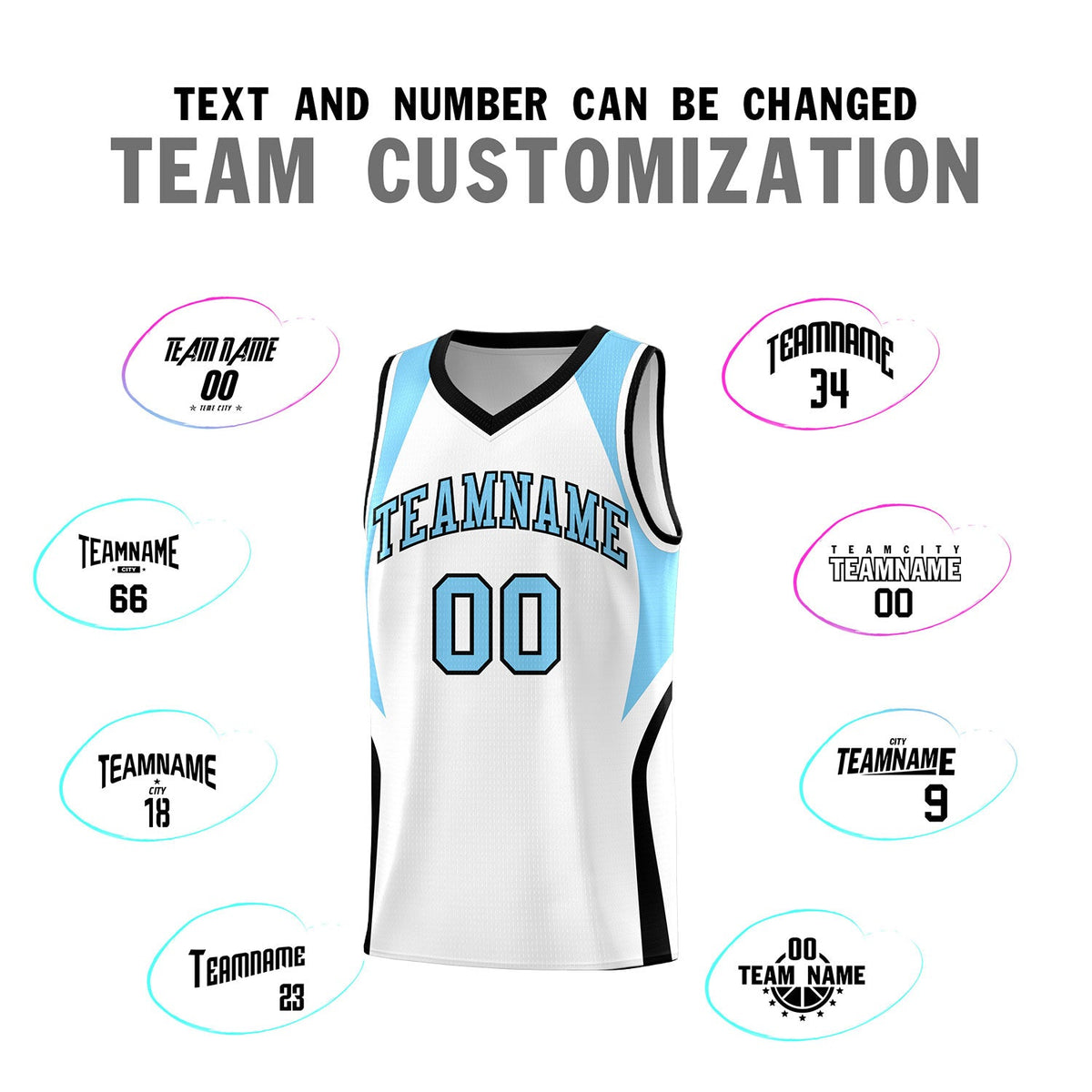 Custom White Light Blue and Black Color Block Sports Uniform Basketball Jersey