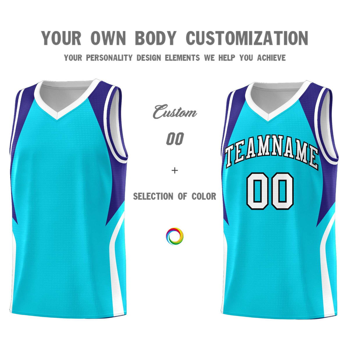 Custom Sky Blue Royal and White Color Block Sports Uniform Basketball Jersey