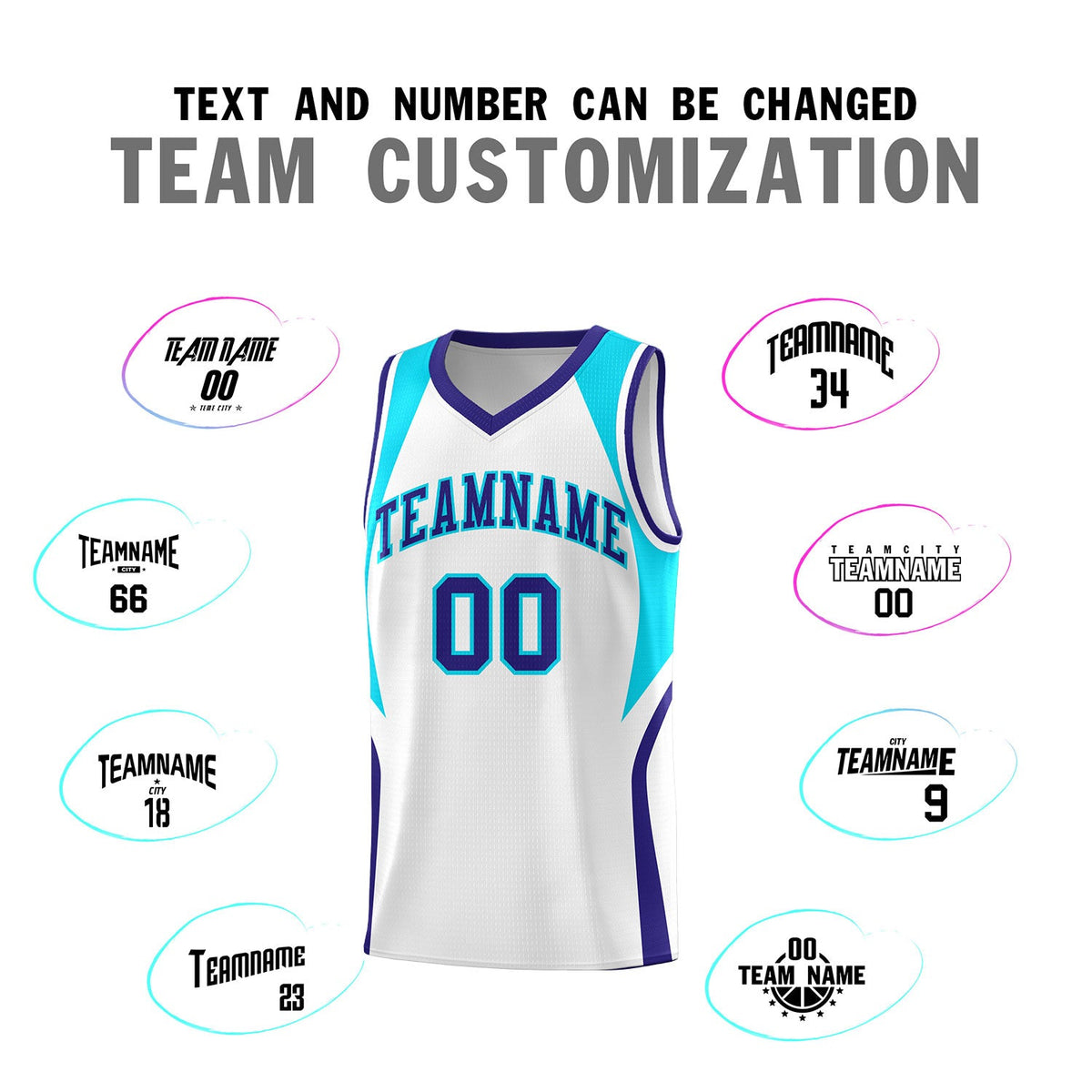 Custom White Sky Blue and Royal Color Block Sports Uniform Basketball Jersey