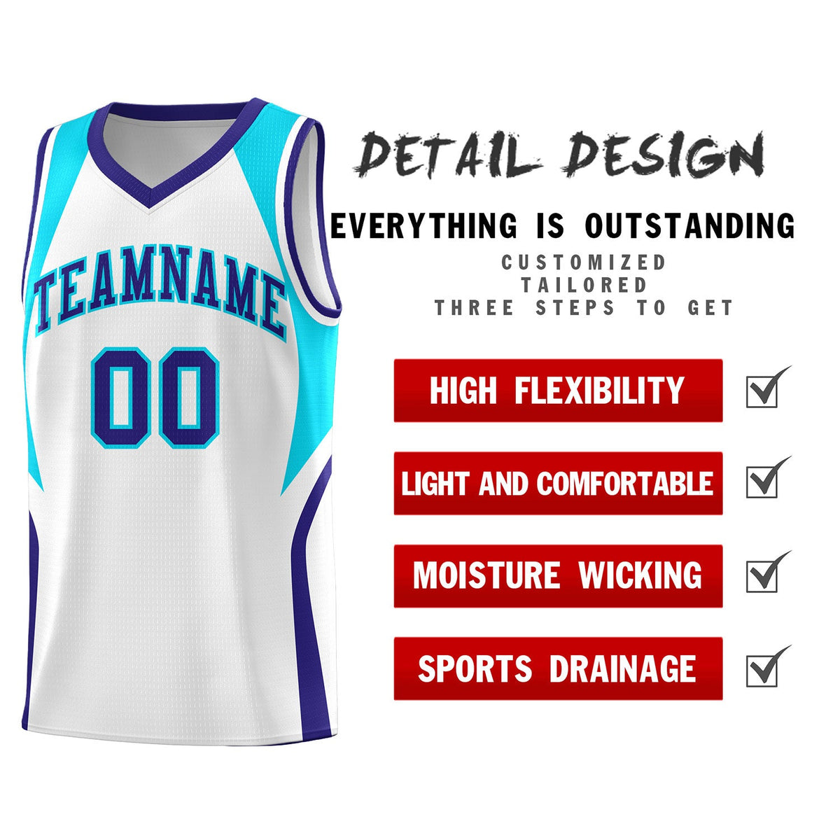 Custom White Sky Blue and Royal Color Block Sports Uniform Basketball Jersey