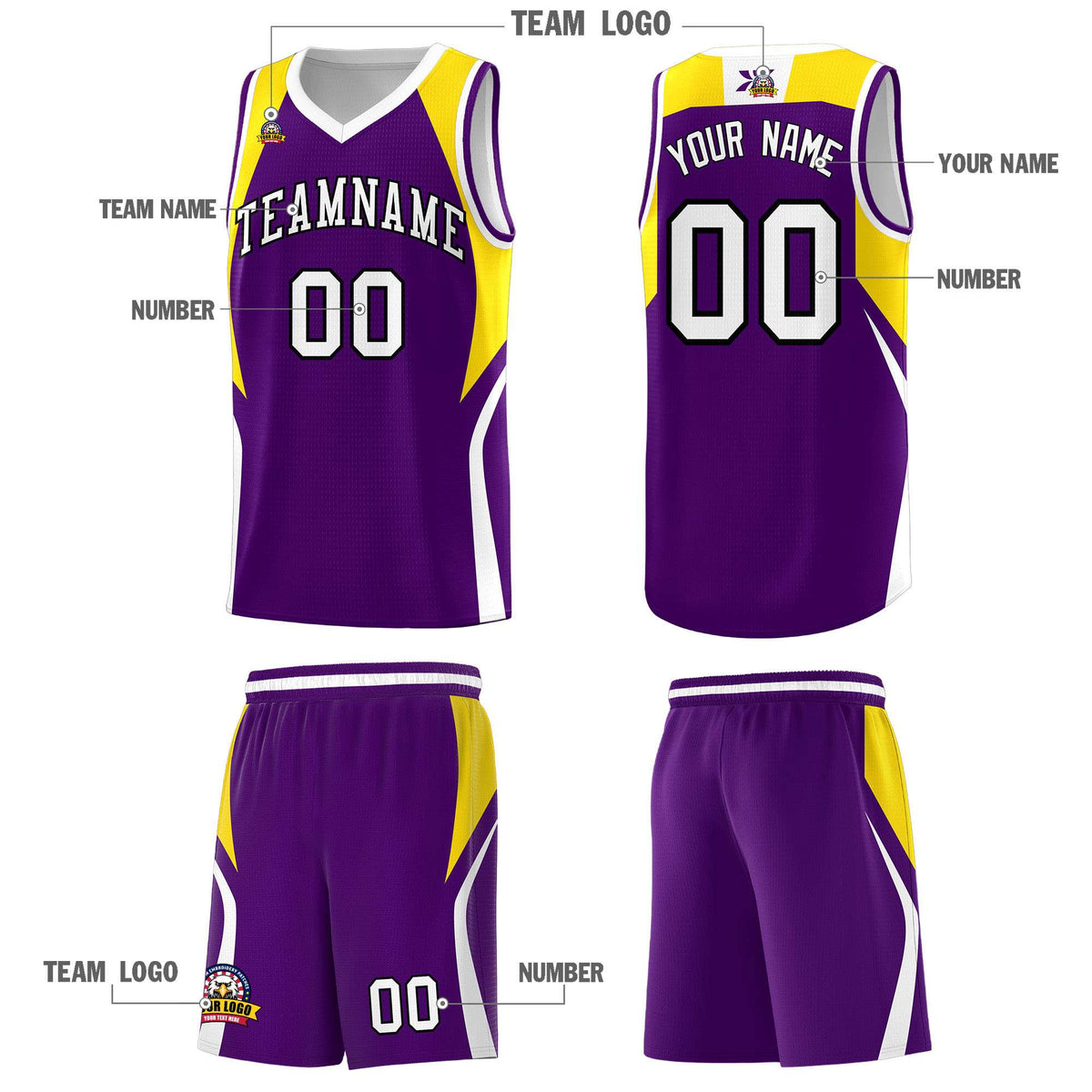 Custom Purple Gold and White Color Block Sports Uniform Basketball Jersey