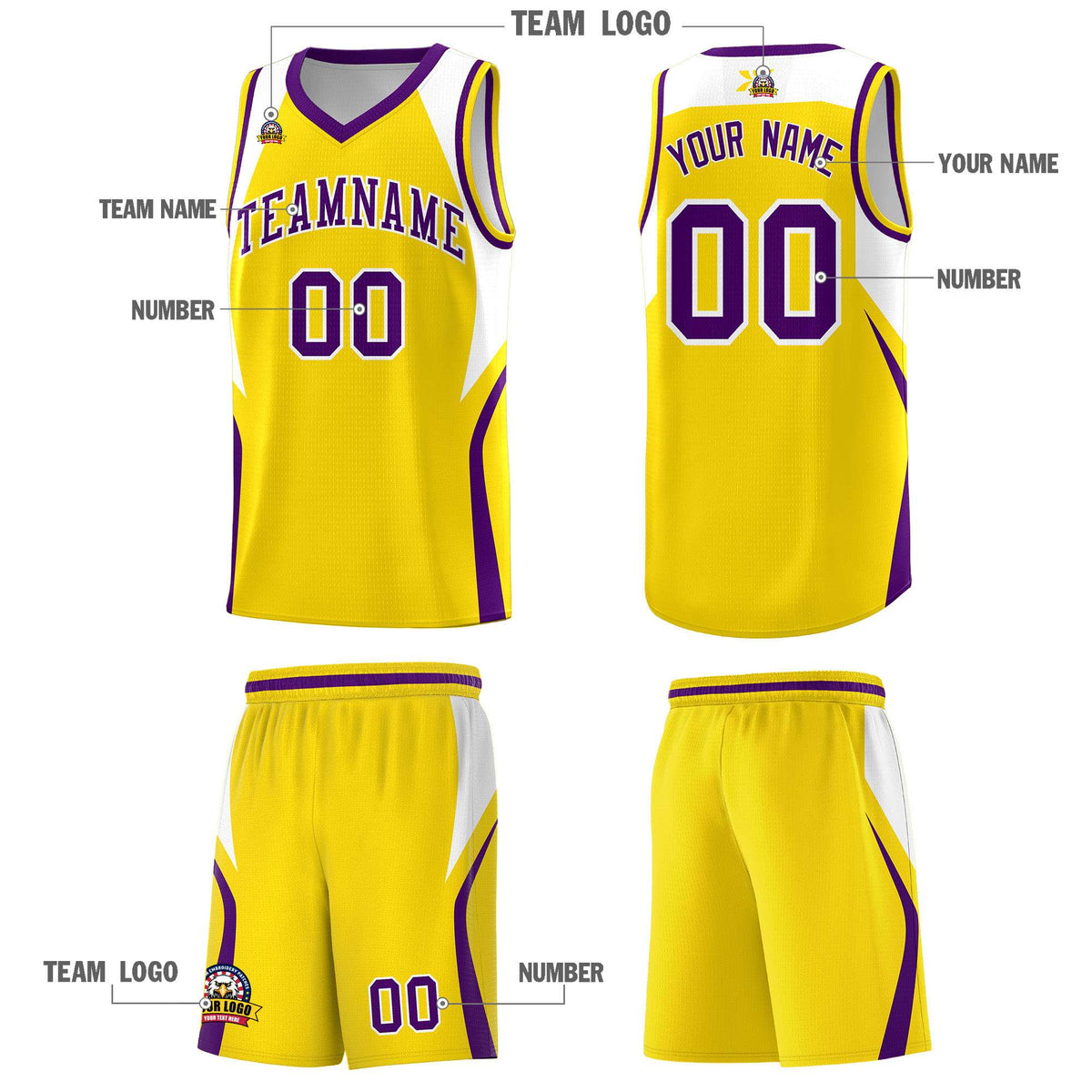 Custom Gold White and Purple Color Block Sports Uniform Basketball Jersey