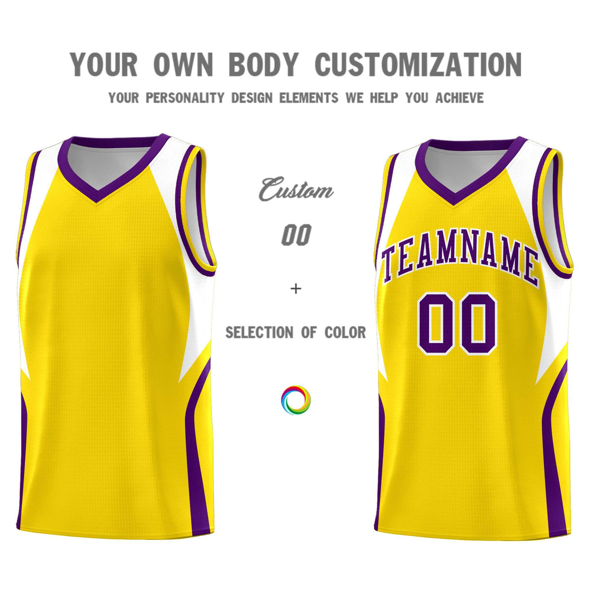 Custom Gold White and Purple Color Block Sports Uniform Basketball Jersey
