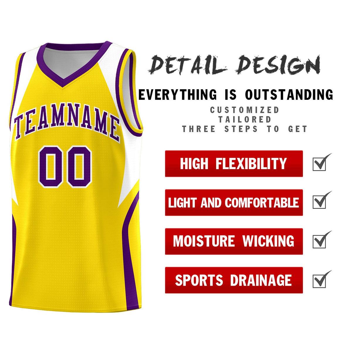 Custom Gold White and Purple Color Block Sports Uniform Basketball Jersey