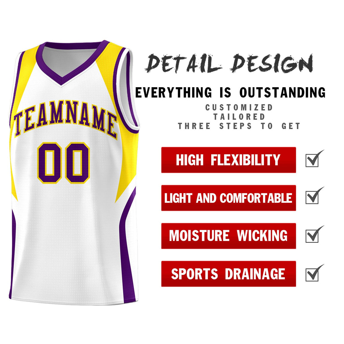 Custom White Gold and Purple Color Block Sports Uniform Basketball Jersey