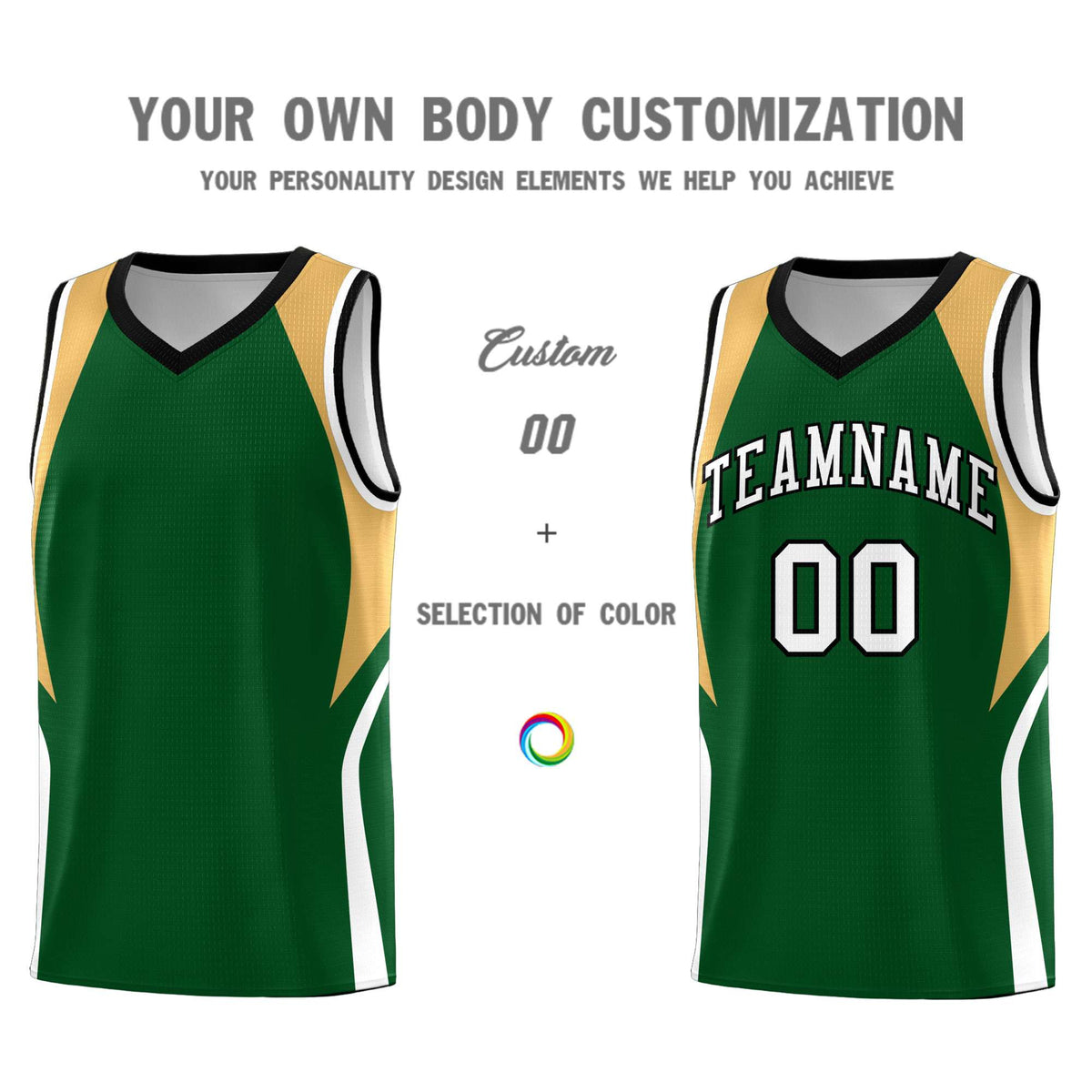 Custom Green Buckskin Brown and White Color Block Sports Uniform Basketball Jersey