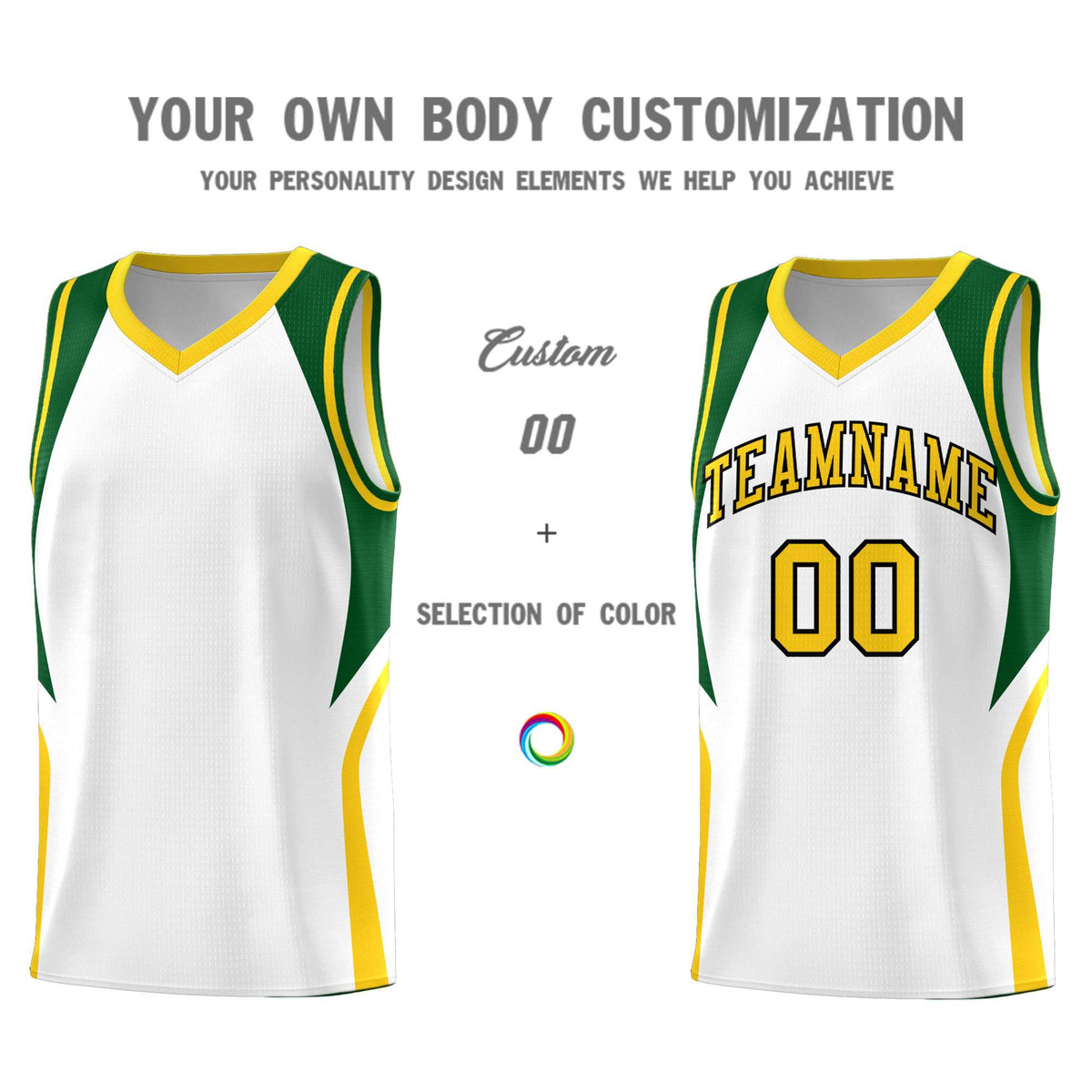 Custom White Hunter Green and Gold Color Block Sports Uniform Basketball Jersey