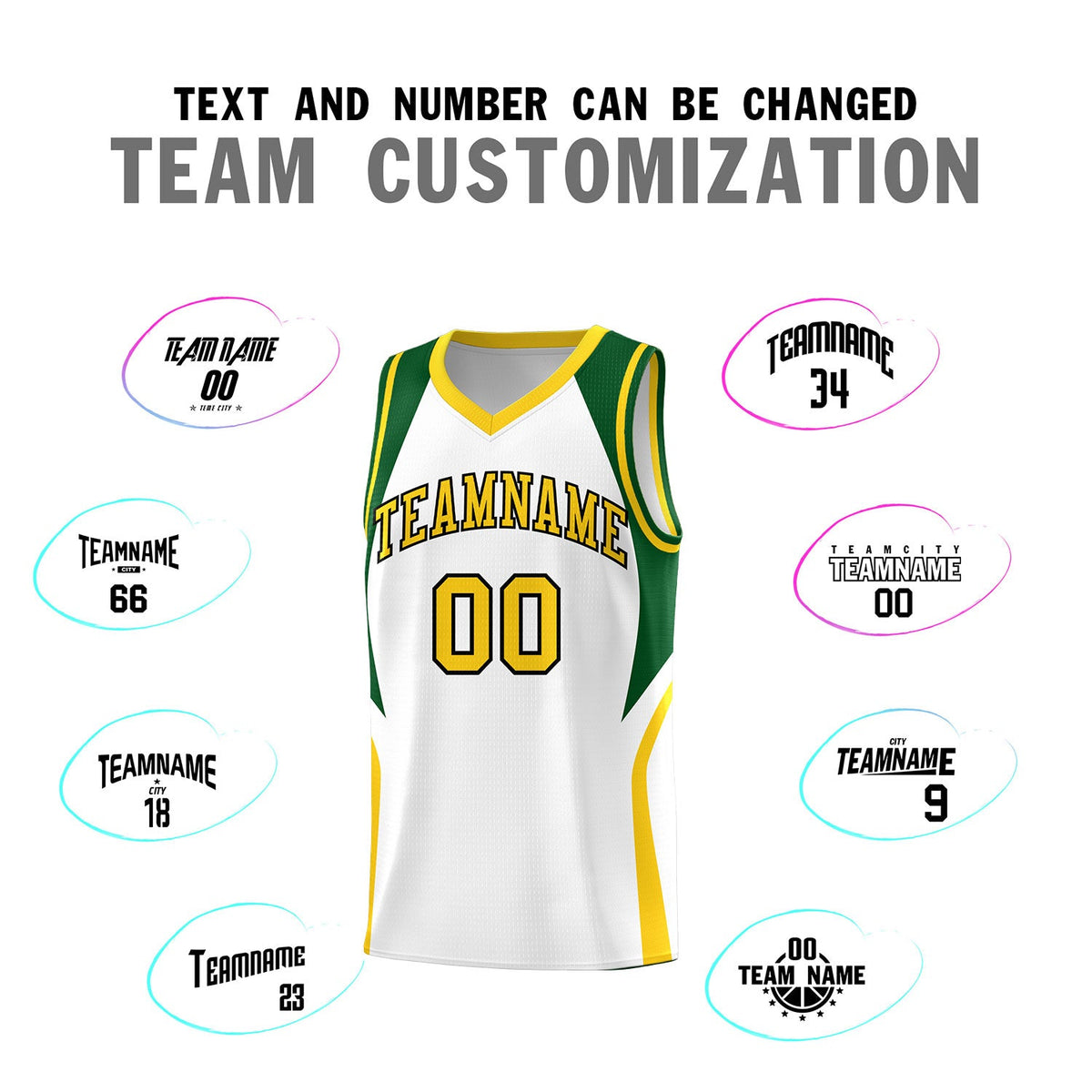 Custom White Hunter Green and Gold Color Block Sports Uniform Basketball Jersey