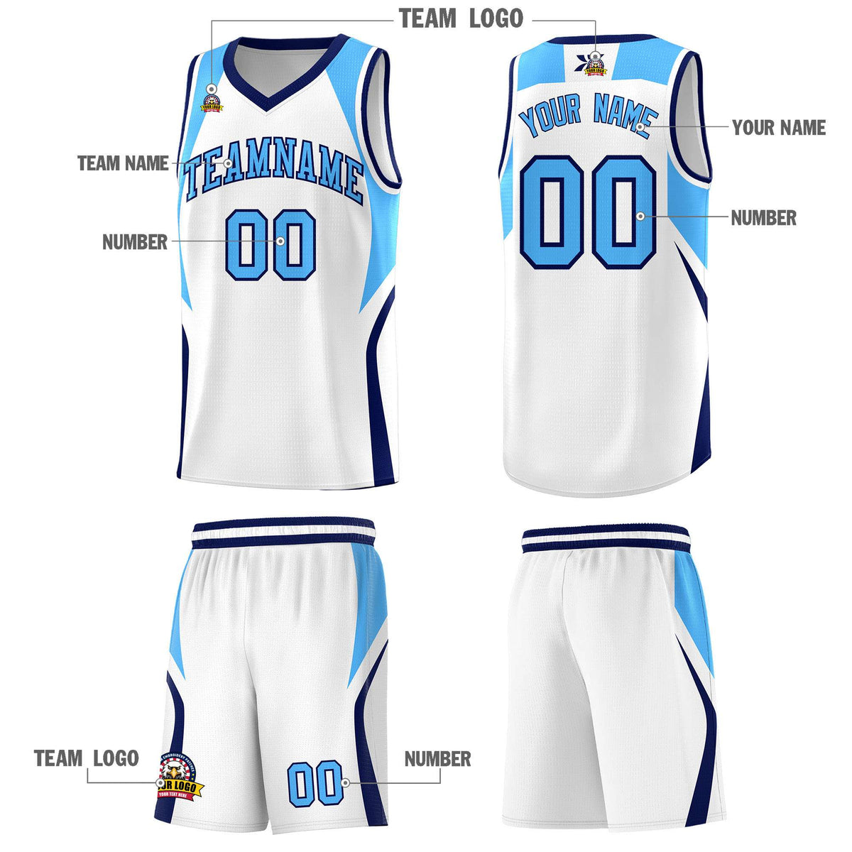 Custom White Powder Blue and Navy Color Block Sports Uniform Basketball Jersey