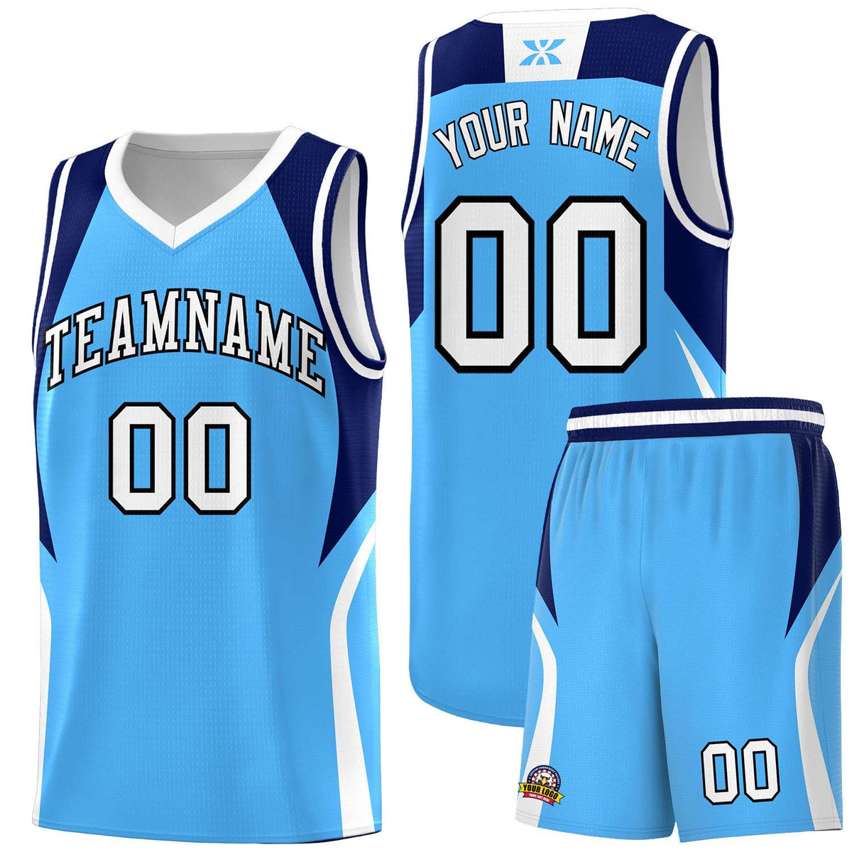 Custom Powder Blue Navy and White Color Block Sports Uniform Basketball Jersey
