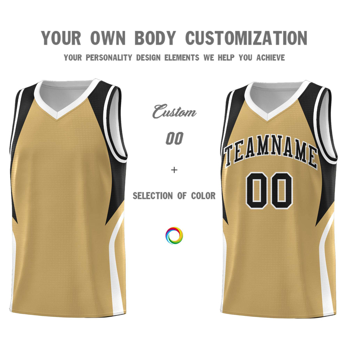 Custom Old Gold Black and White Color Block Sports Uniform Basketball Jersey