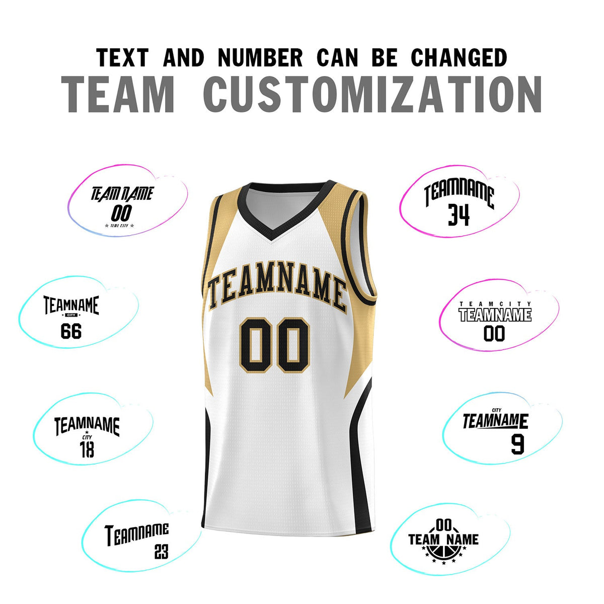Custom White Old Gold and Black Color Block Sports Uniform Basketball Jersey