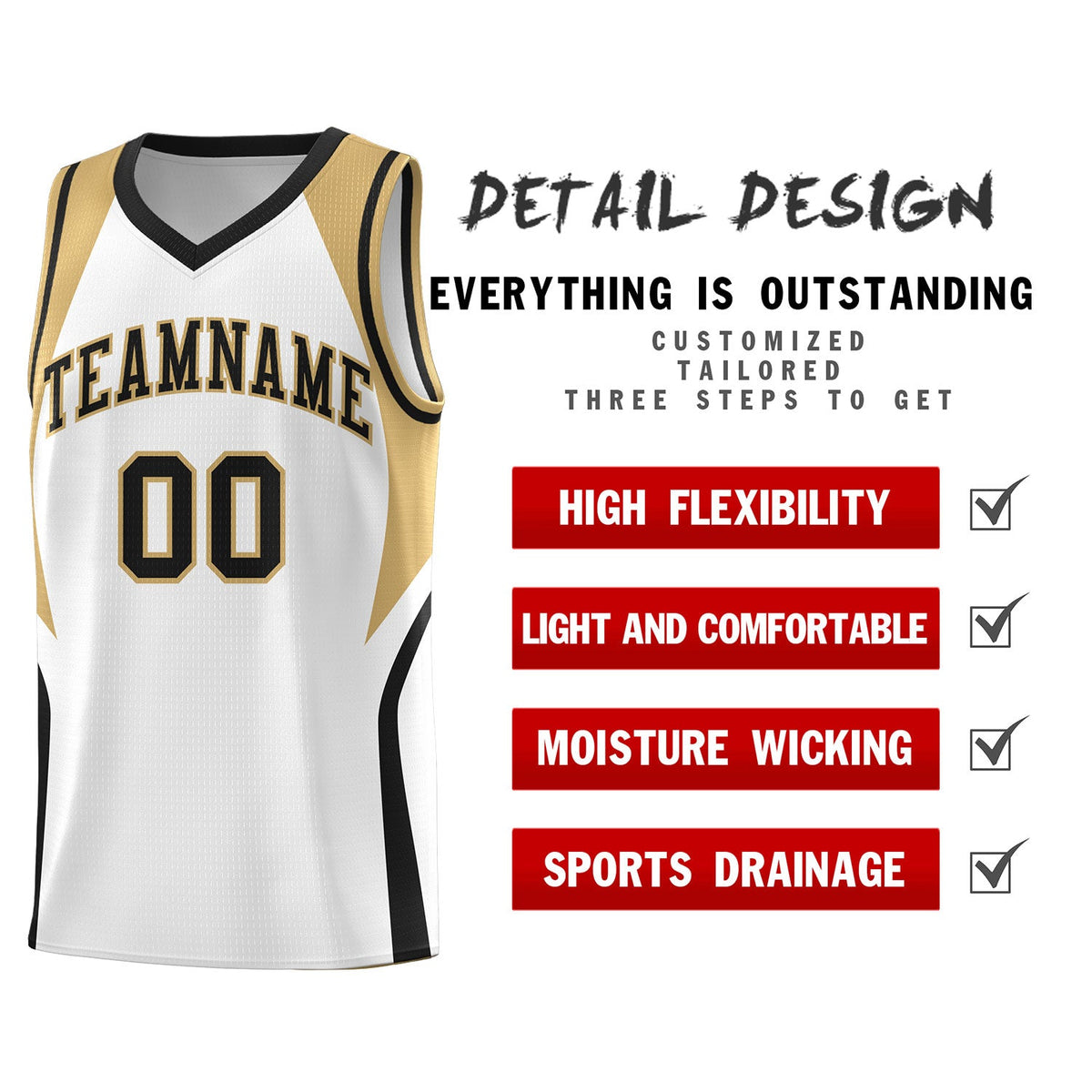 Custom White Old Gold and Black Color Block Sports Uniform Basketball Jersey