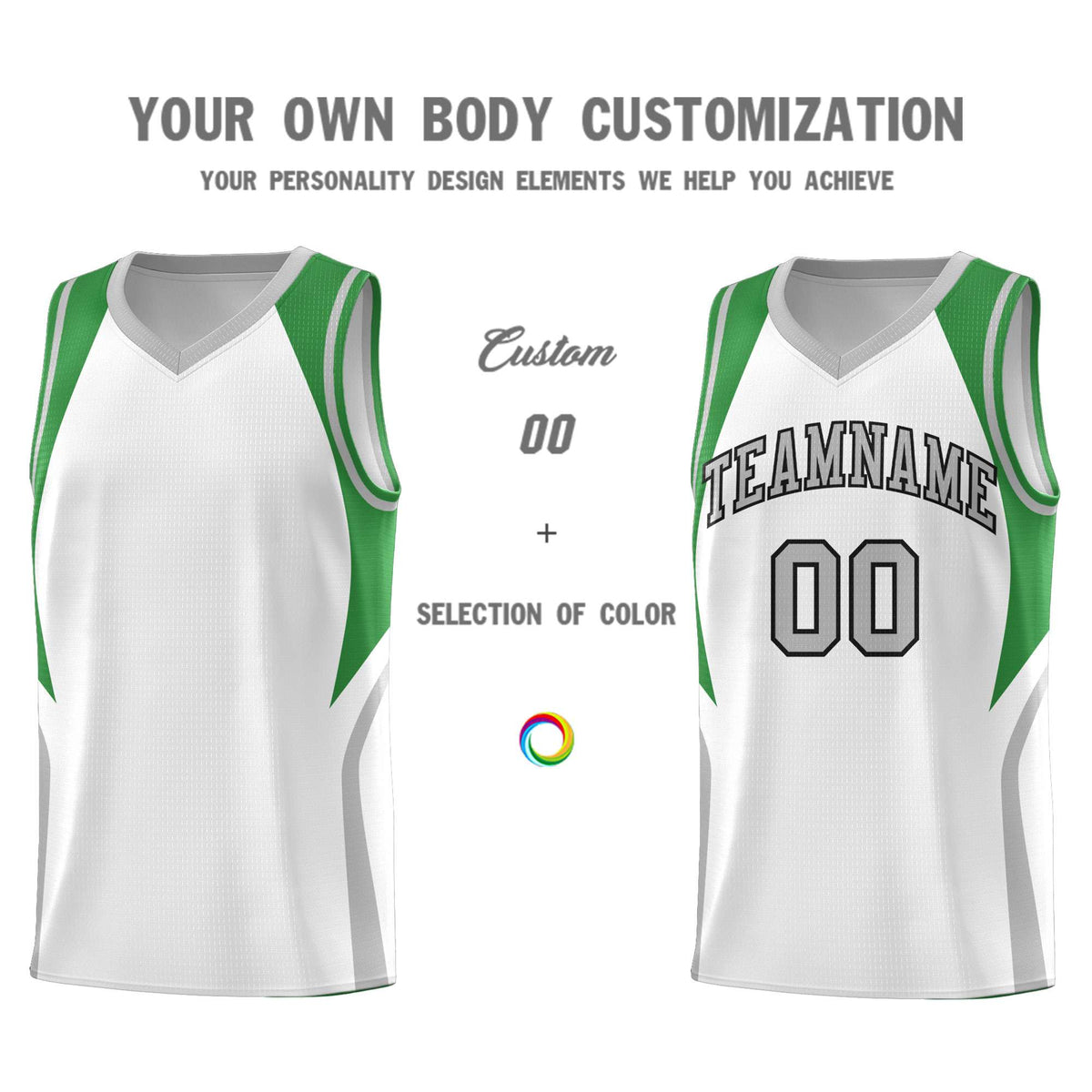 Custom White Green and Gray Color Block Sports Uniform Basketball Jersey