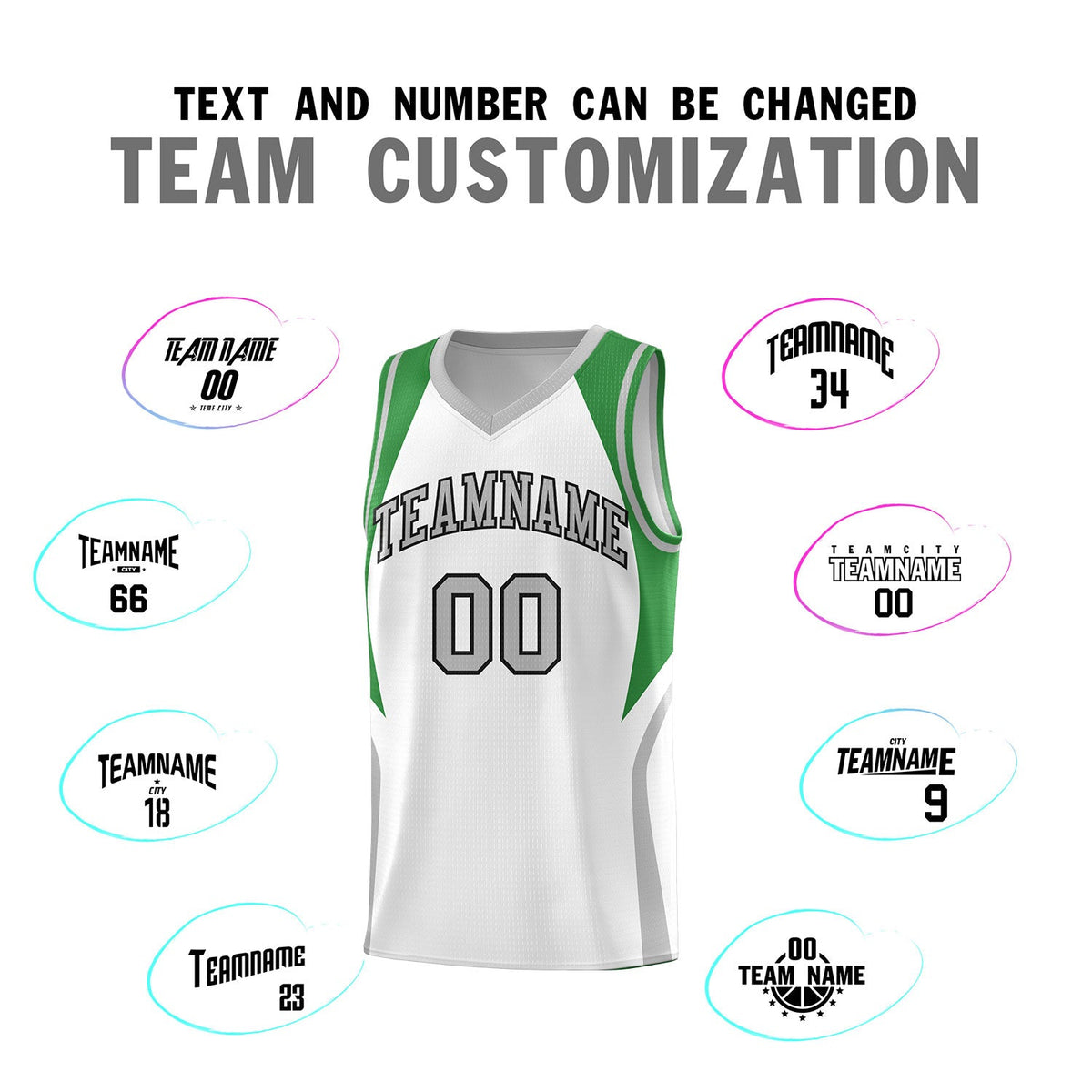 Custom White Green and Gray Color Block Sports Uniform Basketball Jersey