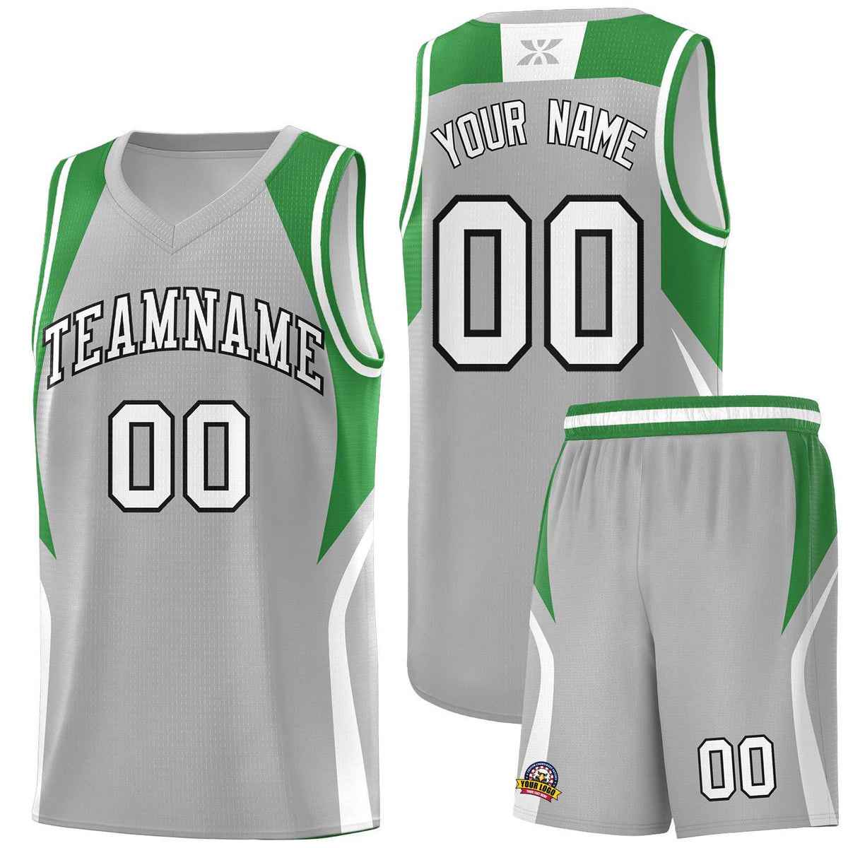 Custom Gray Green and White Color Block Sports Uniform Basketball Jersey
