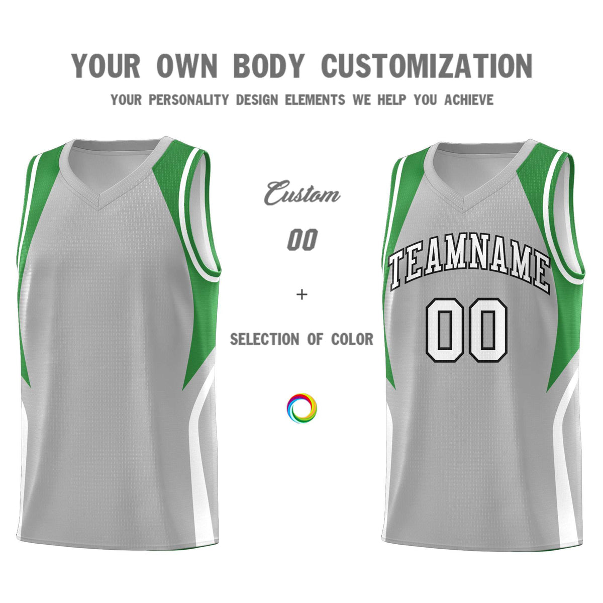 Custom Gray Green and White Color Block Sports Uniform Basketball Jersey