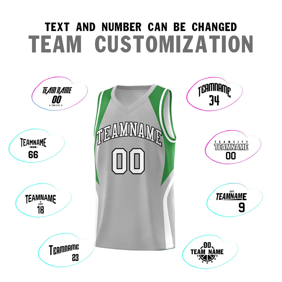 Custom Gray Green and White Color Block Sports Uniform Basketball Jersey