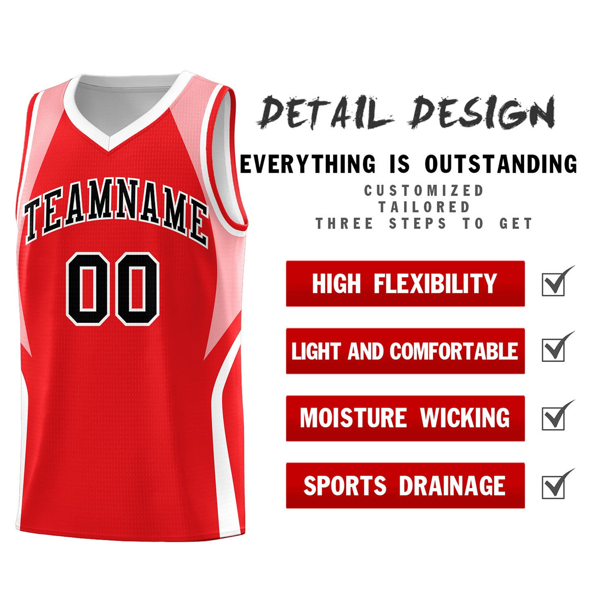 Custom Red Light Pink and White Color Block Sports Uniform Basketball Jersey