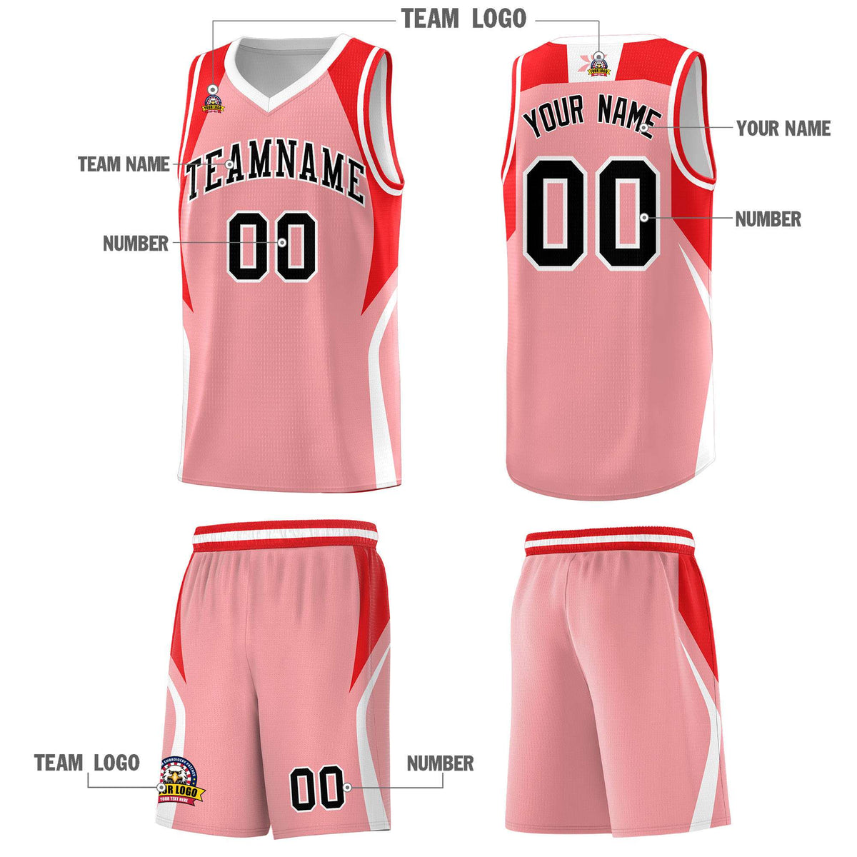 Custom Light Pink Red and White Color Block Sports Uniform Basketball Jersey