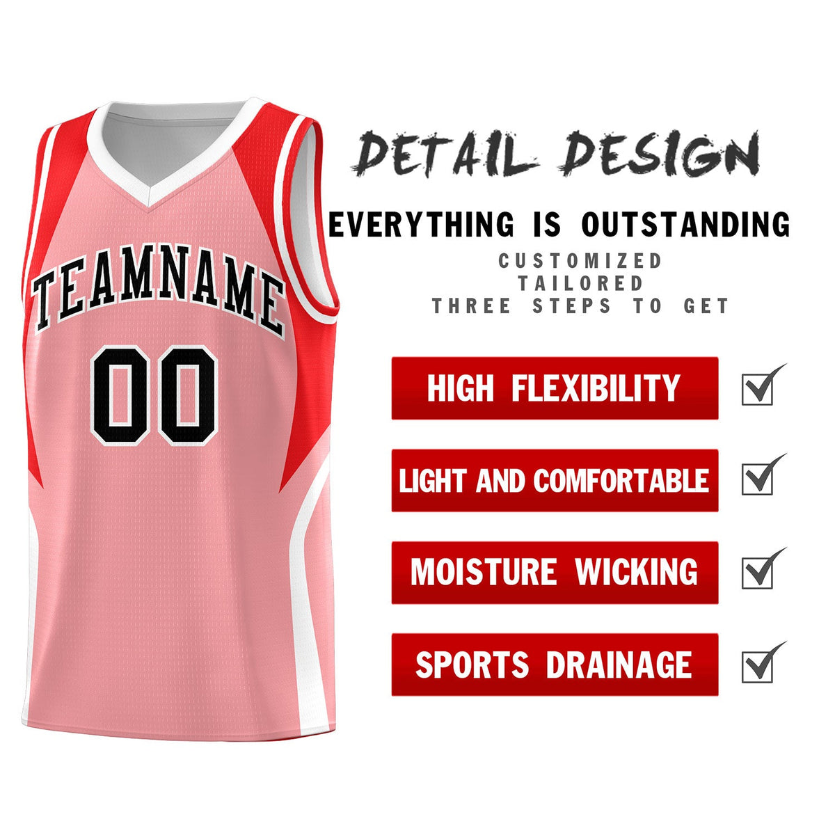 Custom Light Pink Red and White Color Block Sports Uniform Basketball Jersey