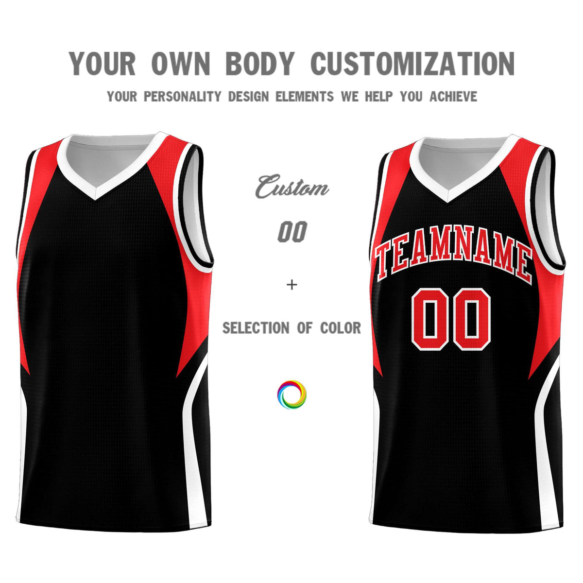 Custom Black Red and White Color Block Sports Uniform Basketball Jersey