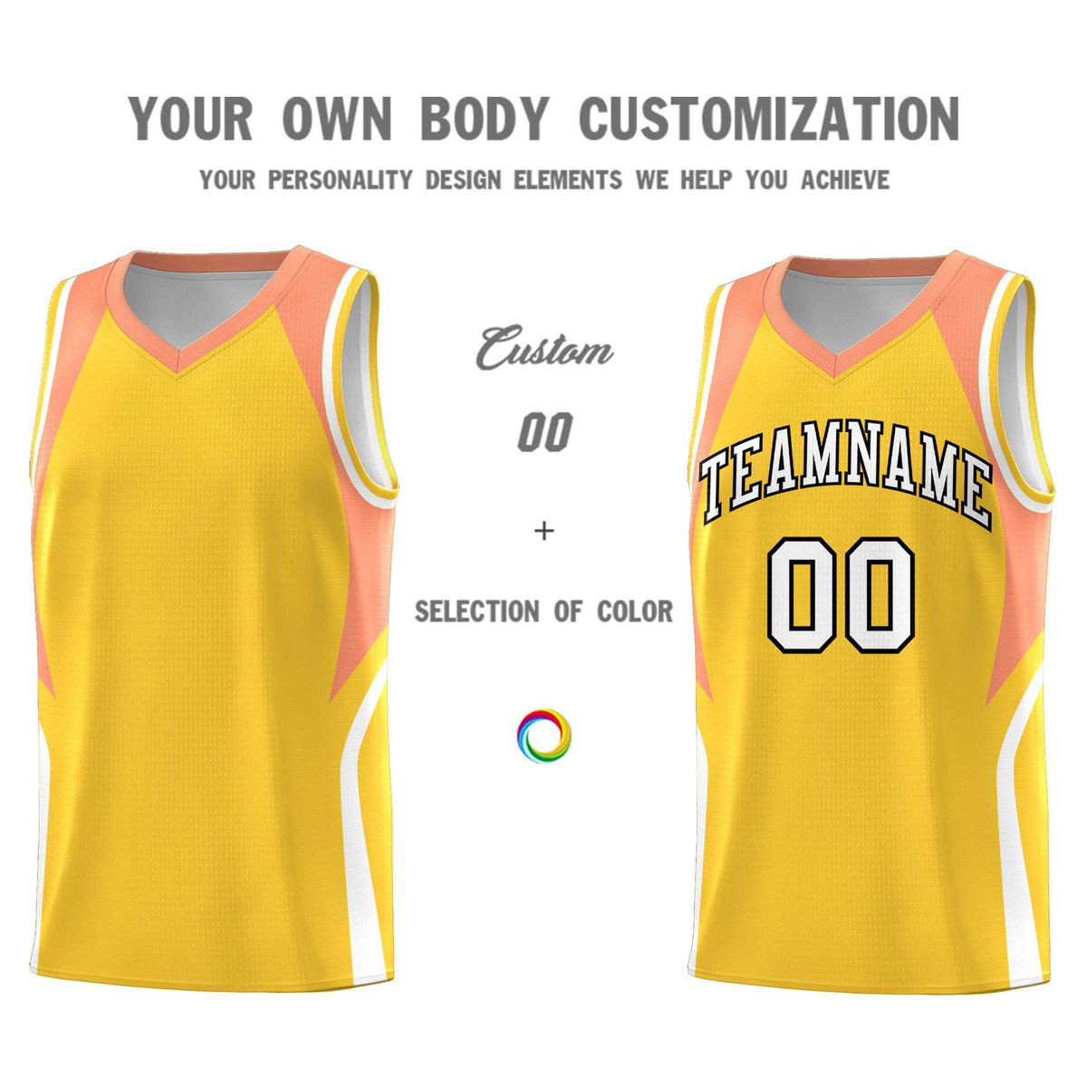 Custom Gold Orange and White Color Block Sports Uniform Basketball Jersey