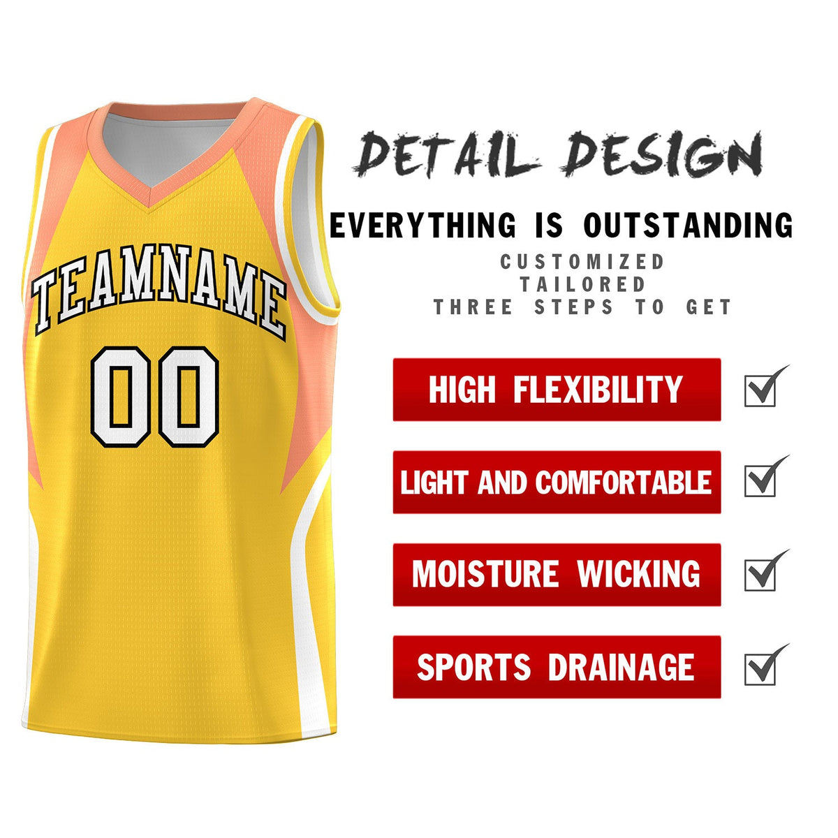 Custom Gold Orange and White Color Block Sports Uniform Basketball Jersey