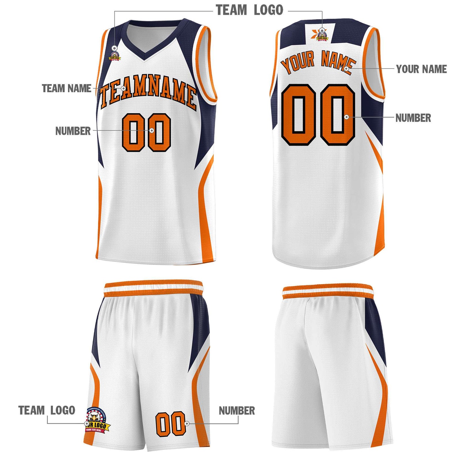 Custom White Navy and Orange Color Block Sports Uniform Basketball Jersey