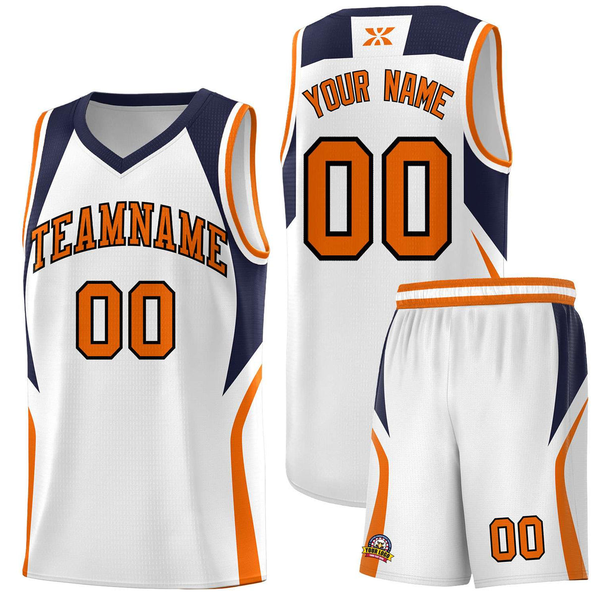 Custom White Navy and Orange Color Block Sports Uniform Basketball Jersey