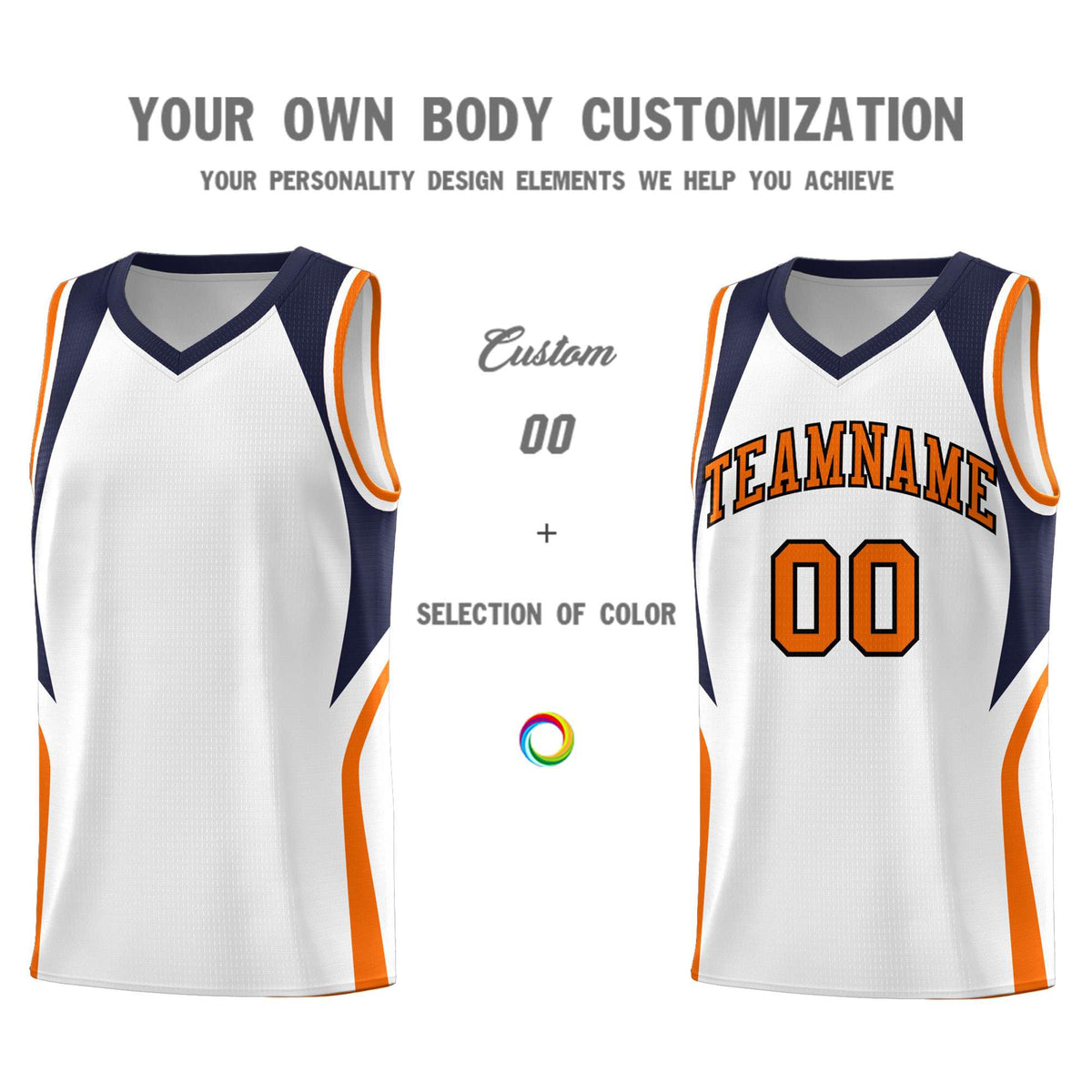 Custom White Navy and Orange Color Block Sports Uniform Basketball Jersey