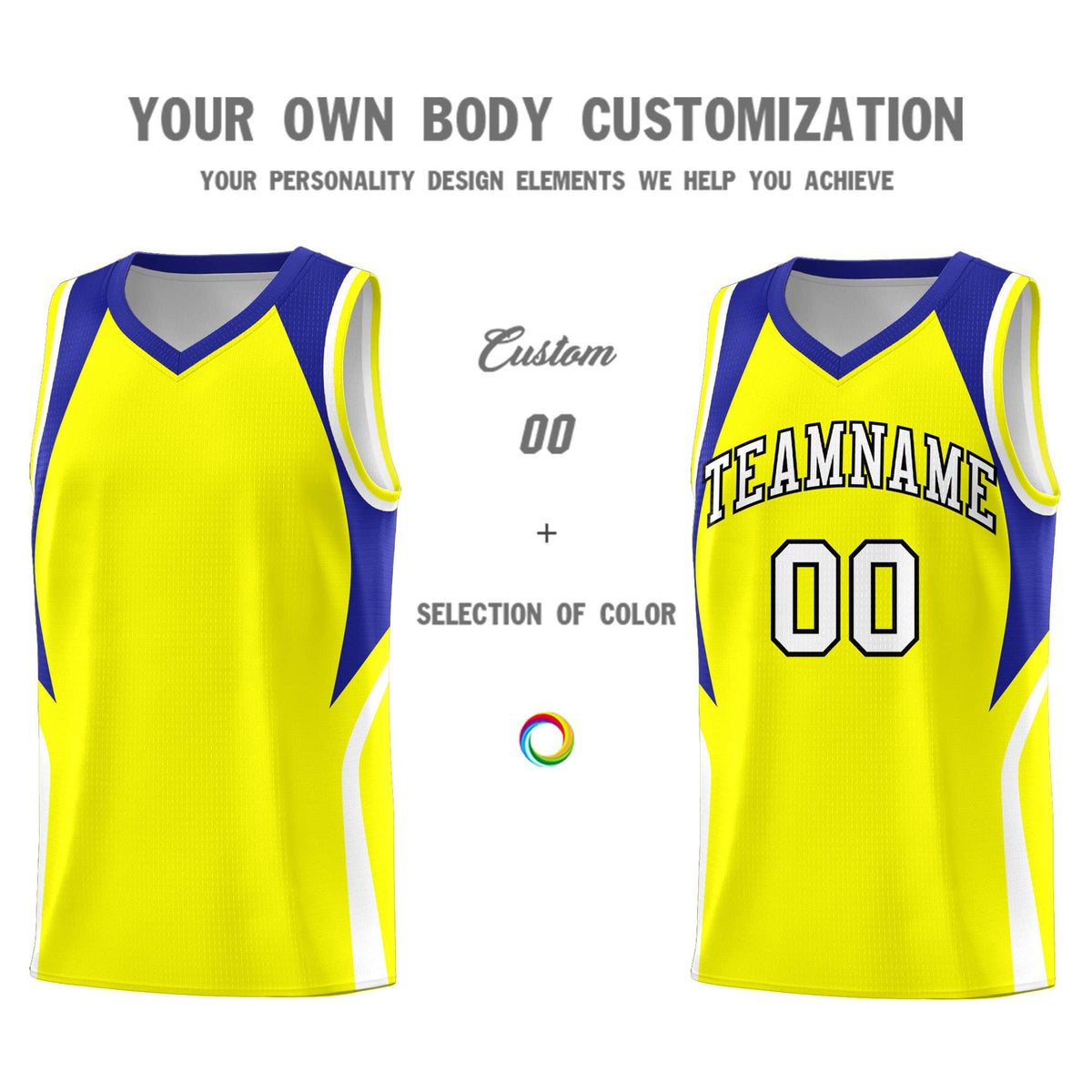 Custom Gold Royal and White Color Block Sports Uniform Basketball Jersey
