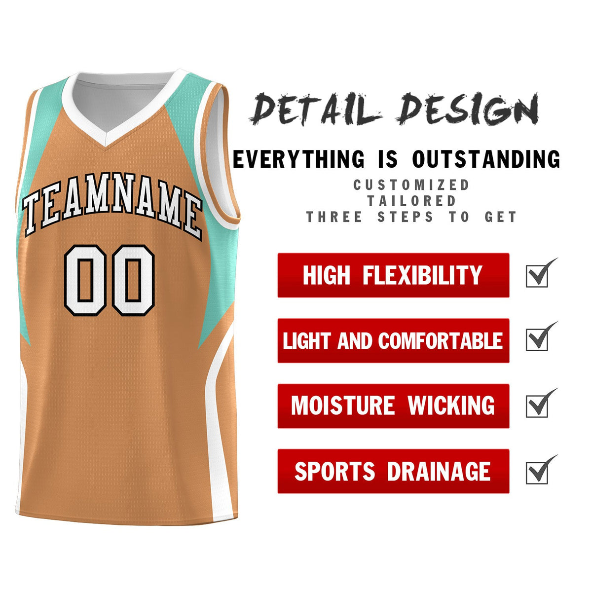 Custom Buckskin Brown Blue and White Color Block Sports Uniform Basketball Jersey